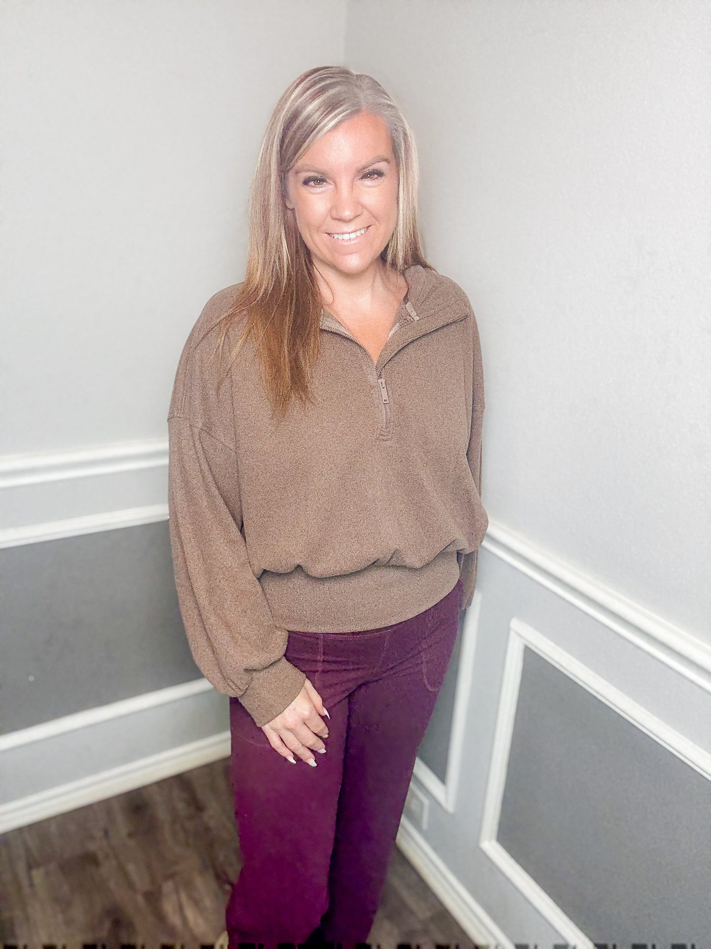 Rib Brushed Quarter Zip Top |Brown|