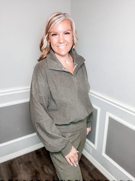 Rib Brushed Quarter Zip Top |Olive|