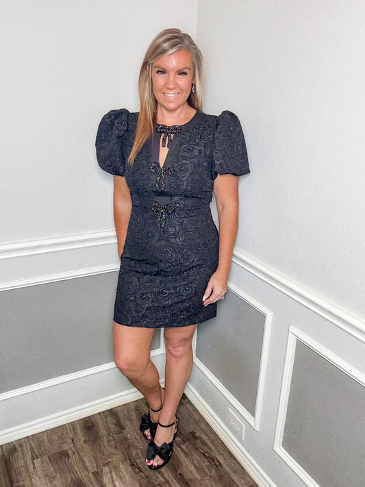 Rose Jacquard Puff Sleeve Bow Detail Mini Dress