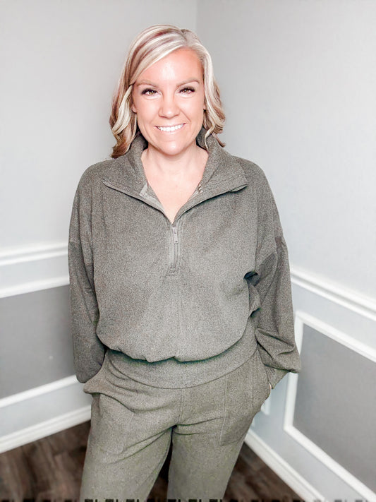 Rib Brushed Quarter Zip Top |Olive|