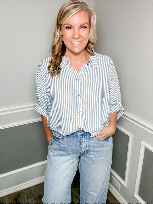 Oversized Striped Short Sleeve Button Up Shirt |TEAL|
