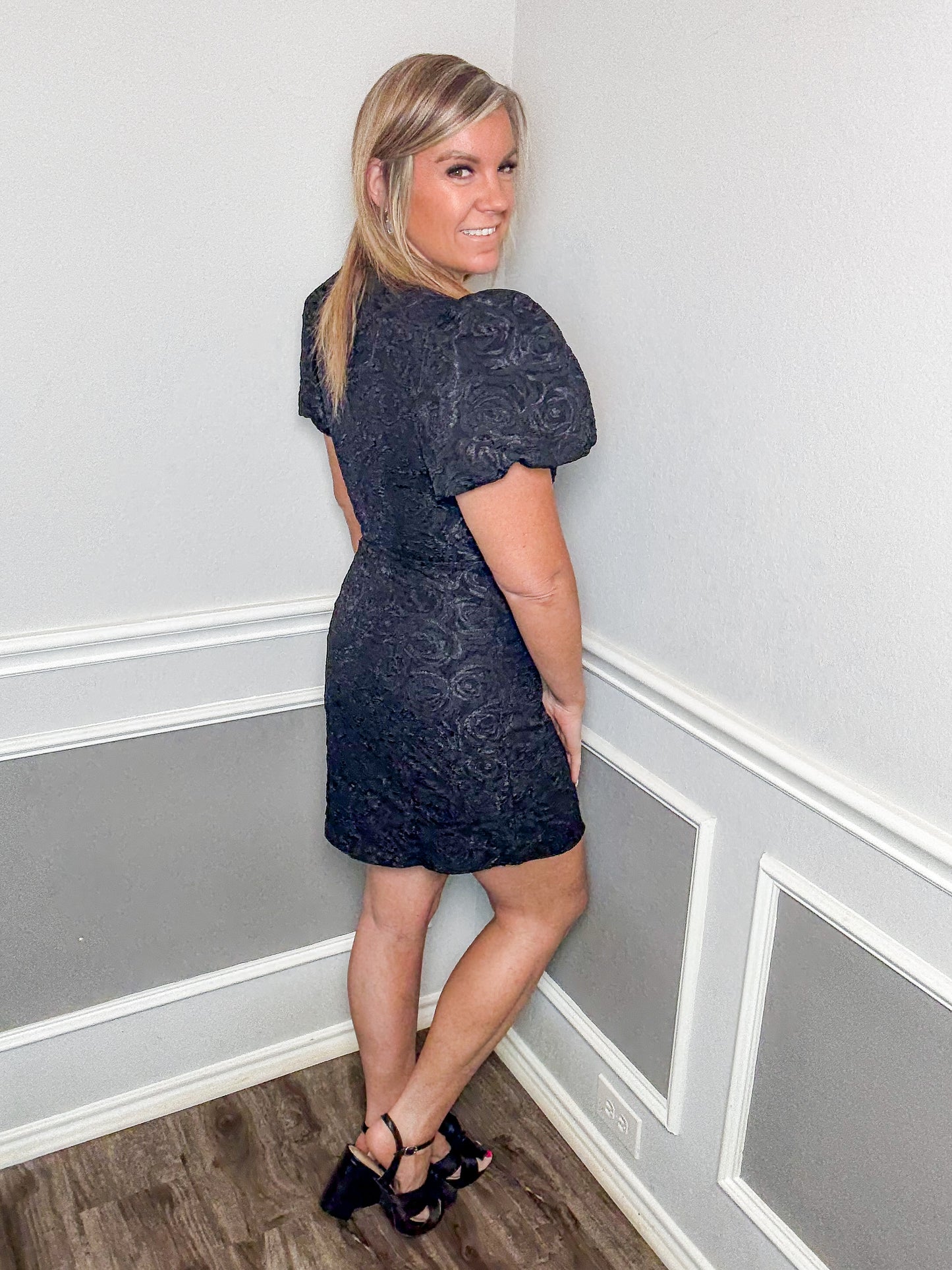 Rose Jacquard Puff Sleeve Bow Detail Mini Dress