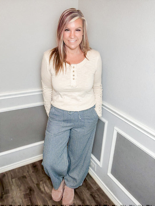 Striped Denim Barrel Pants