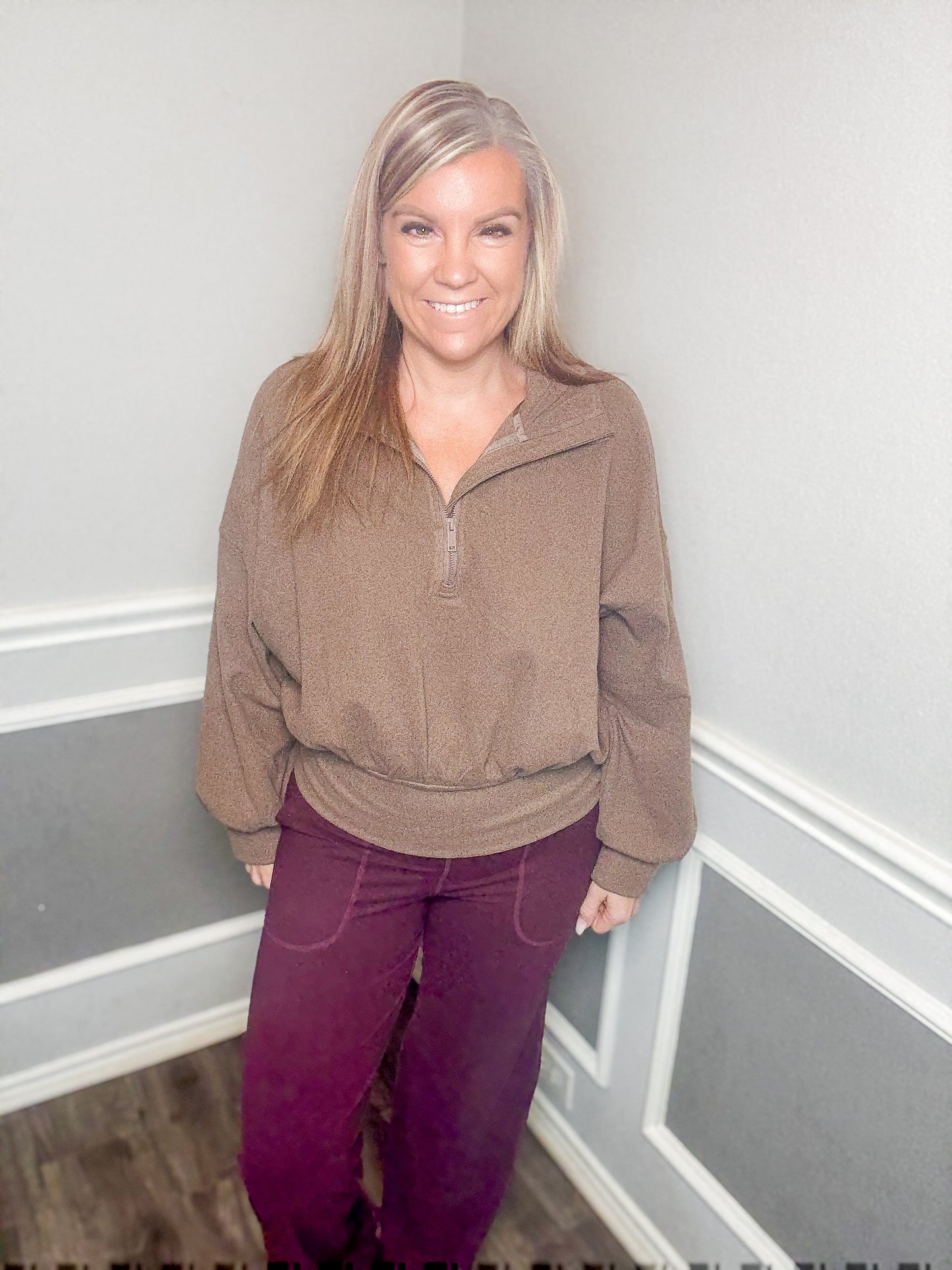 Rib Brushed Quarter Zip Top |Brown|