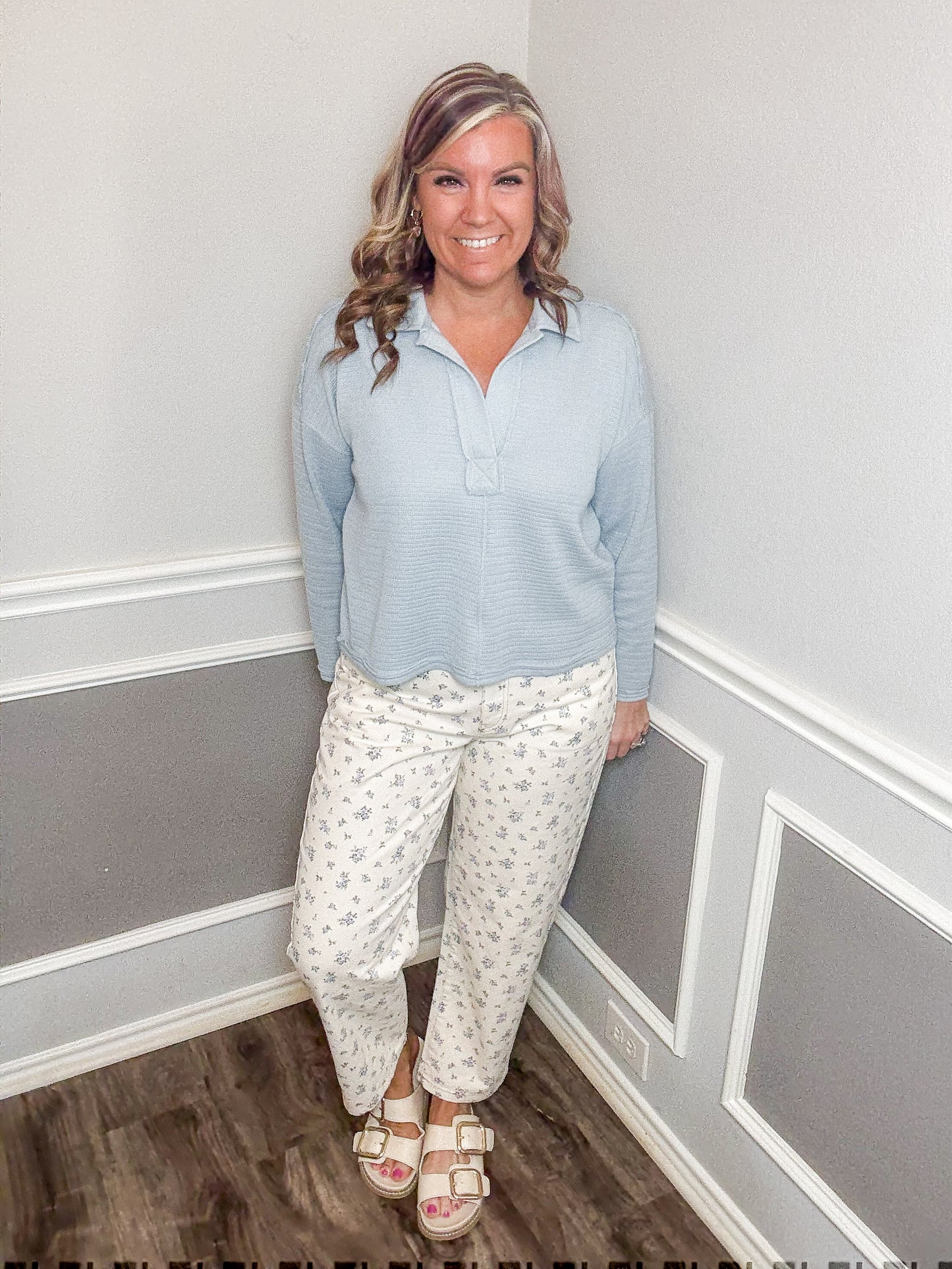 Floral Ecru Denim Straight Leg Jeans