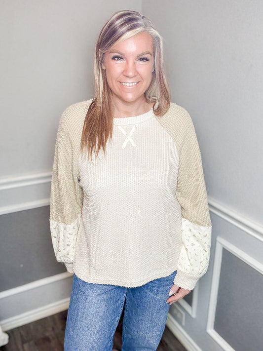 Floral Contrast Sleeve Waffle Top