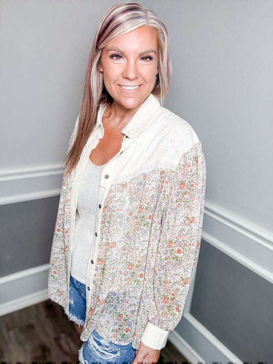 Floral Contrast Balloon Sleeve Shacket