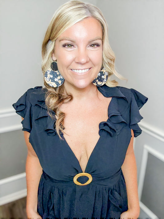 Black Floral Tiered Leather Statement Earrings