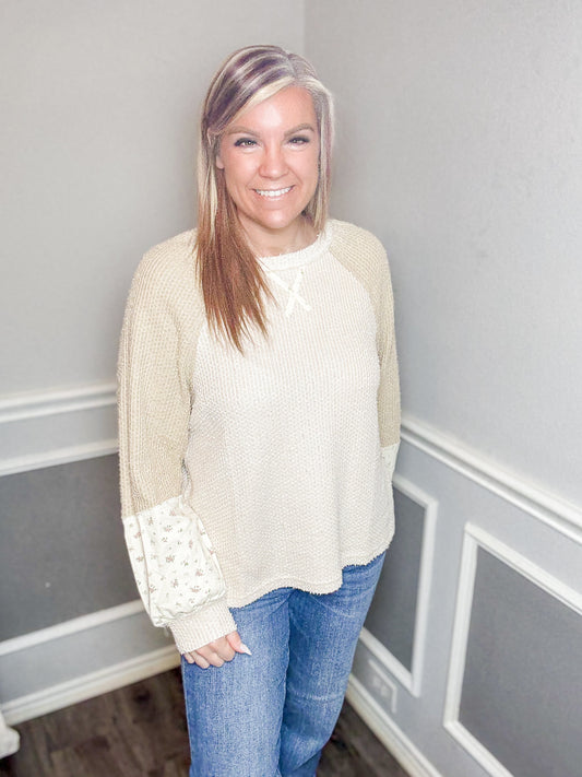 Floral Contrast Sleeve Waffle Top