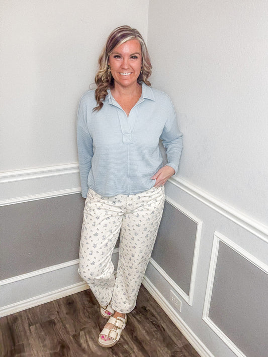 Floral Ecru Denim Straight Leg Jeans