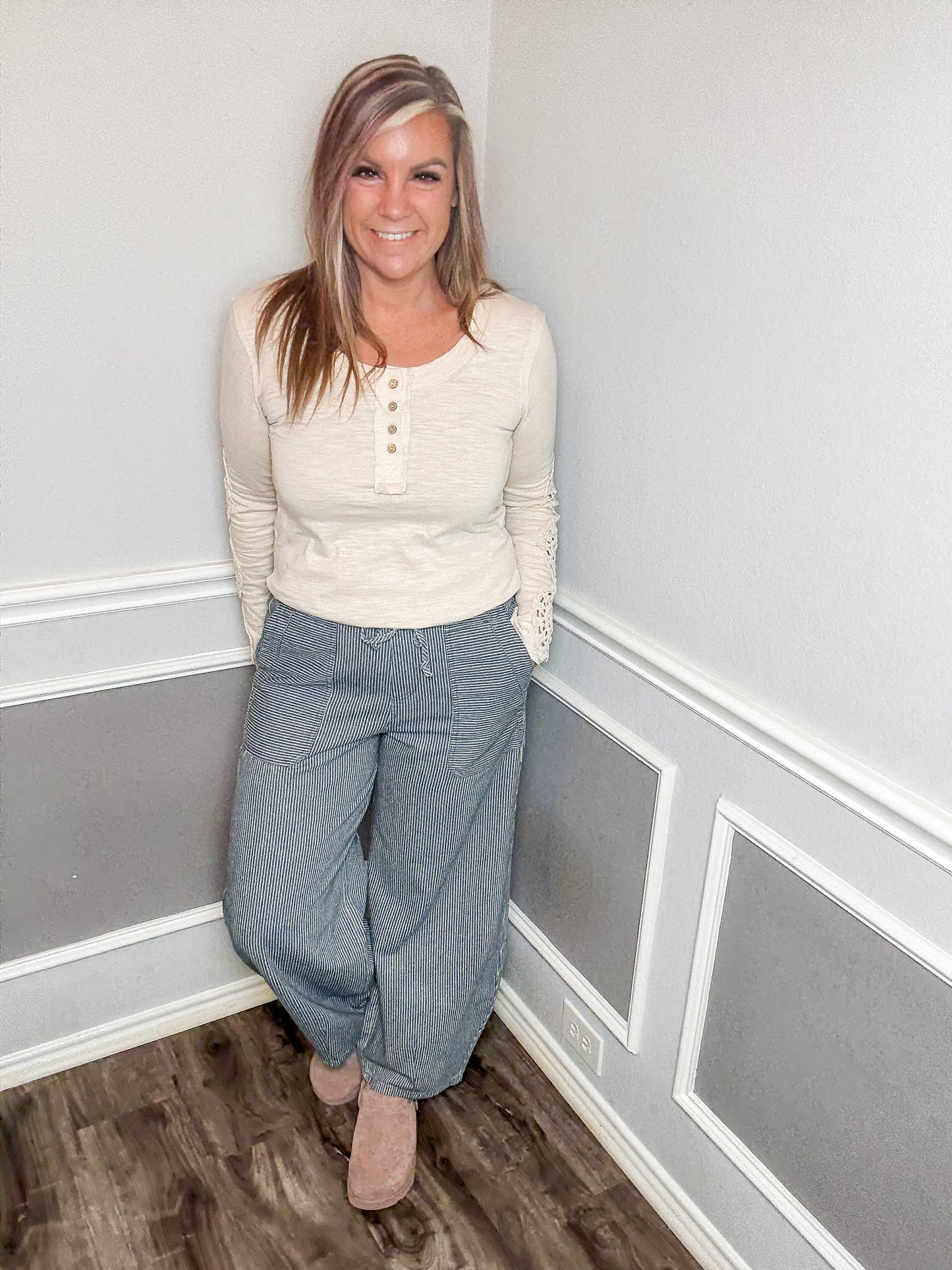 Striped Denim Barrel Pants