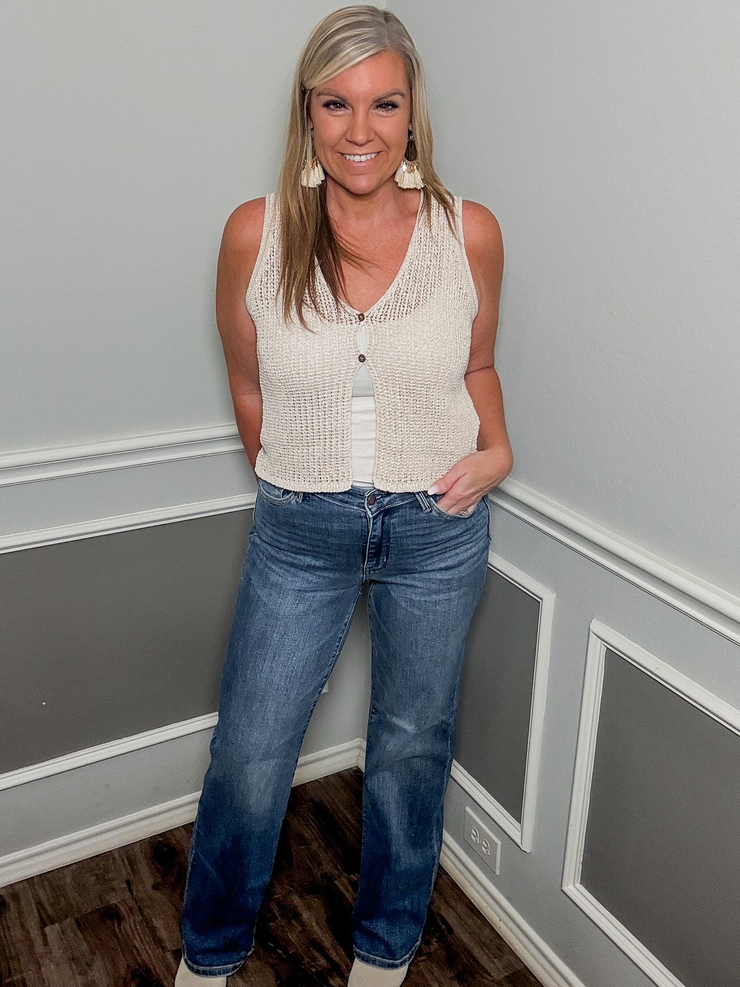 Crochet Knit Button Front Sweater Vest