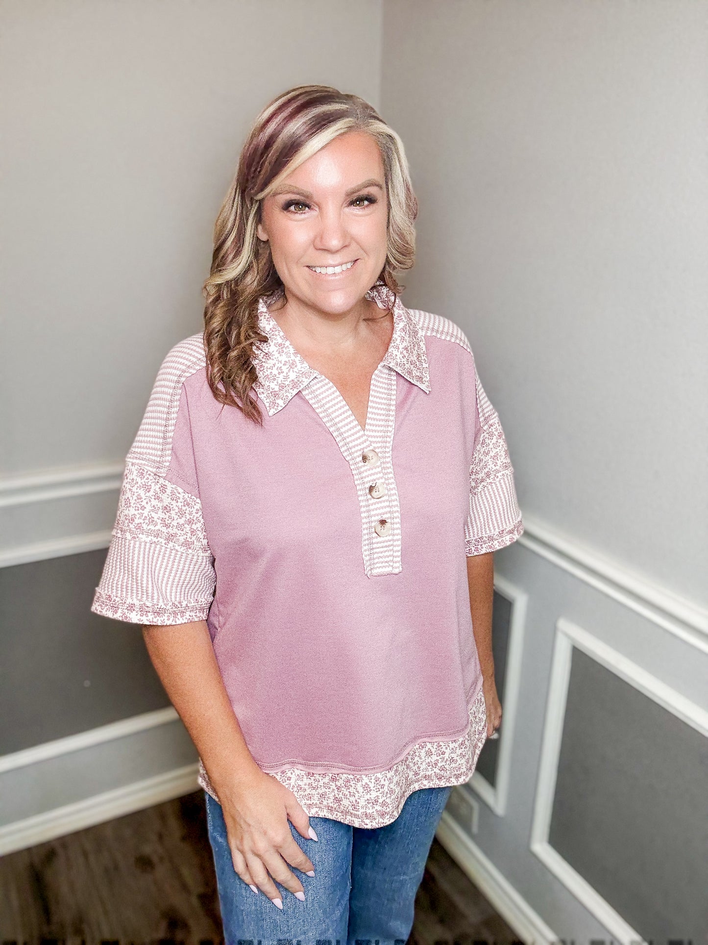 Floral and Stripe Oversized Collared Knit Top