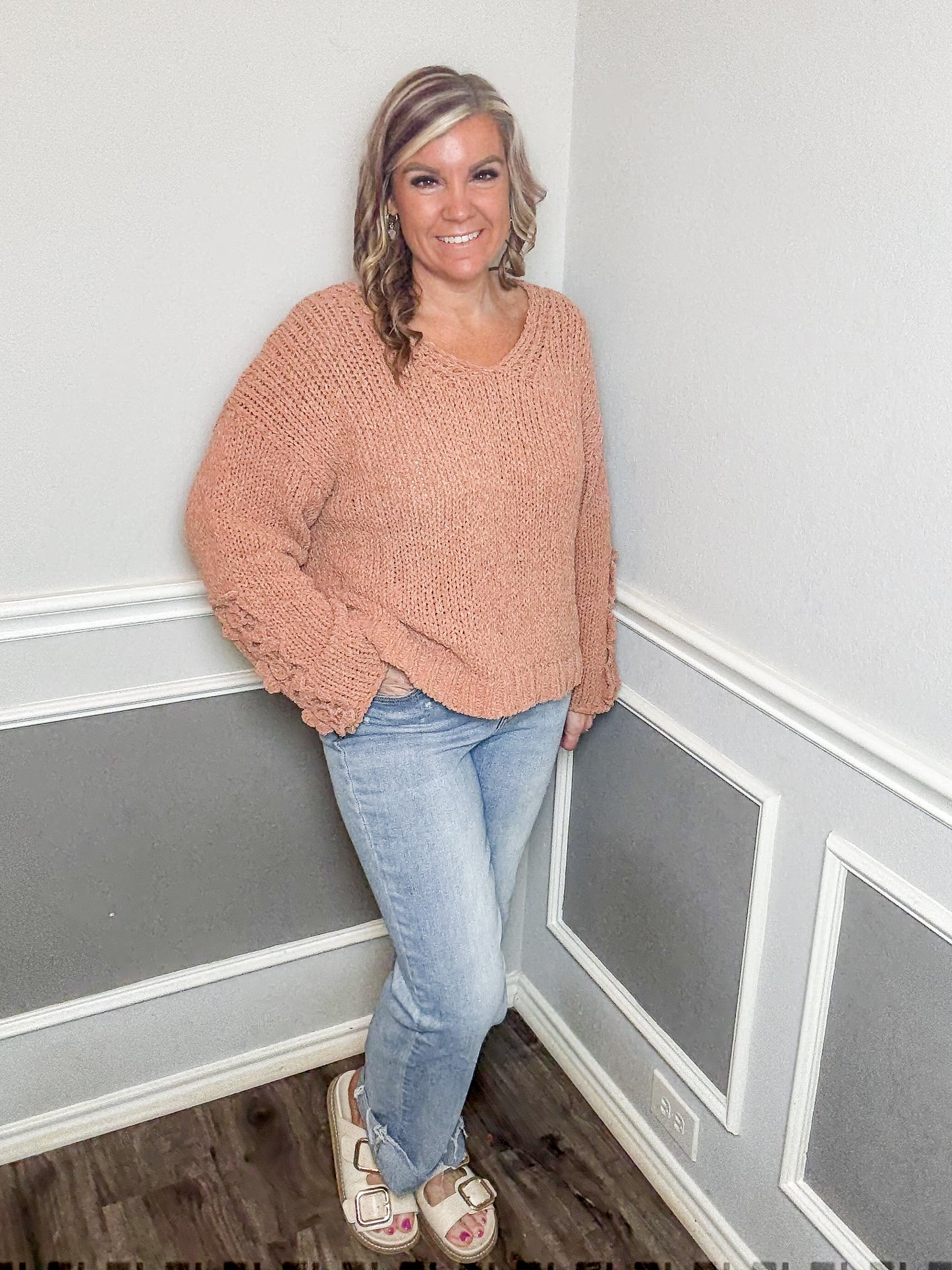 Chunky Knit Sweater Top With Flower Detail Sleeves
