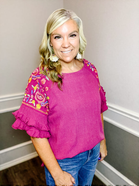 Embroidered Ruffled Linen Top