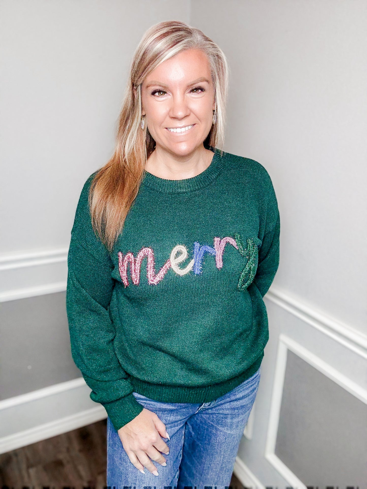 “MERRY” Tinsel Knit Christmas Sweater
