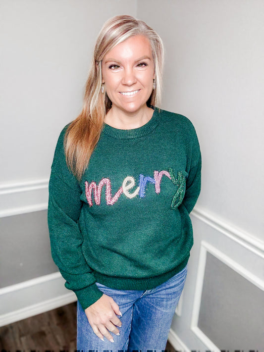 “MERRY” Tinsel Knit Christmas Sweater