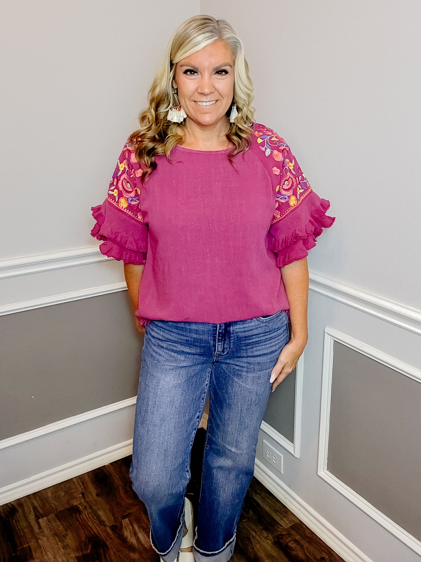 Embroidered Ruffled Linen Top