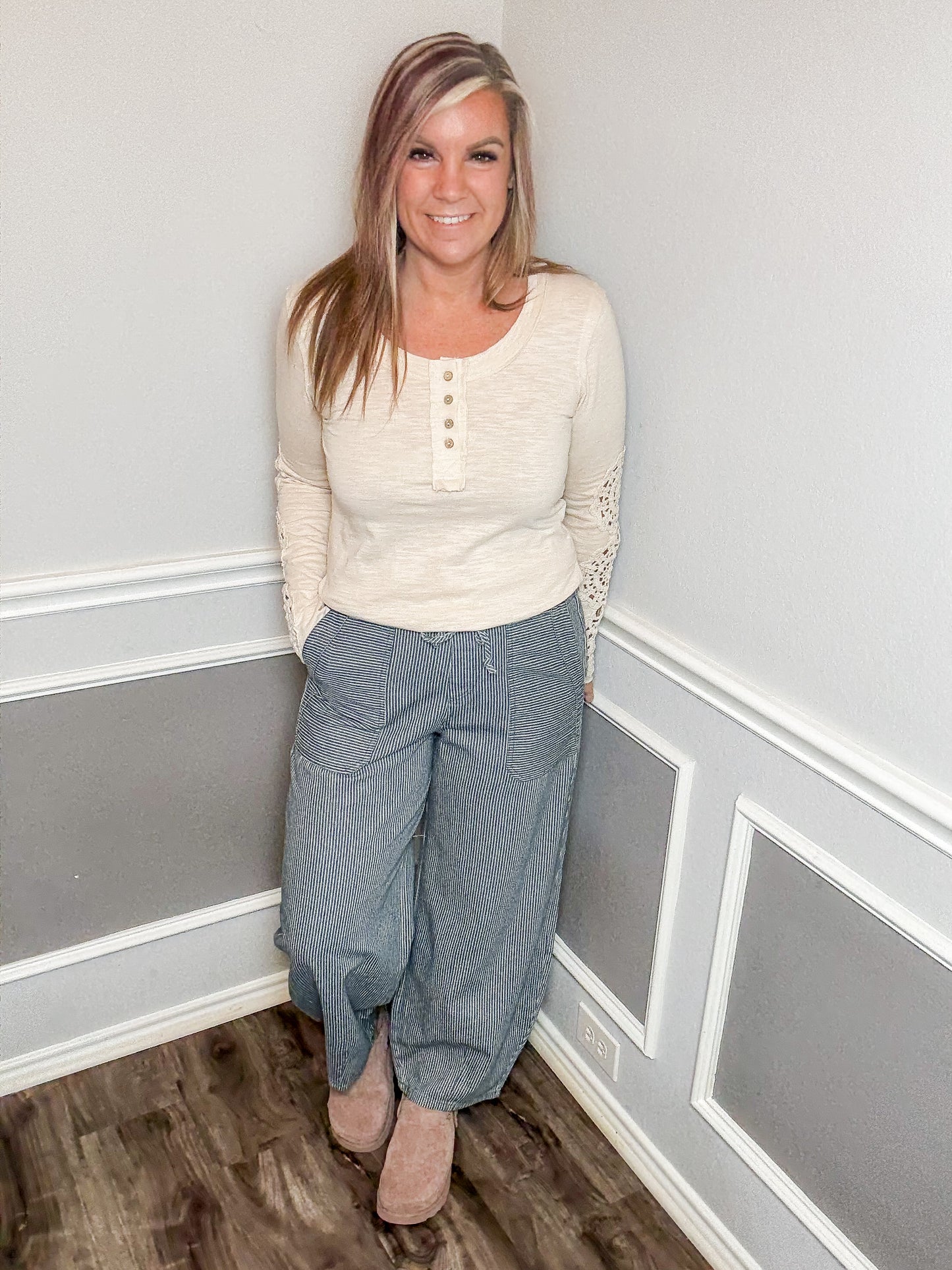 Striped Denim Barrel Pants