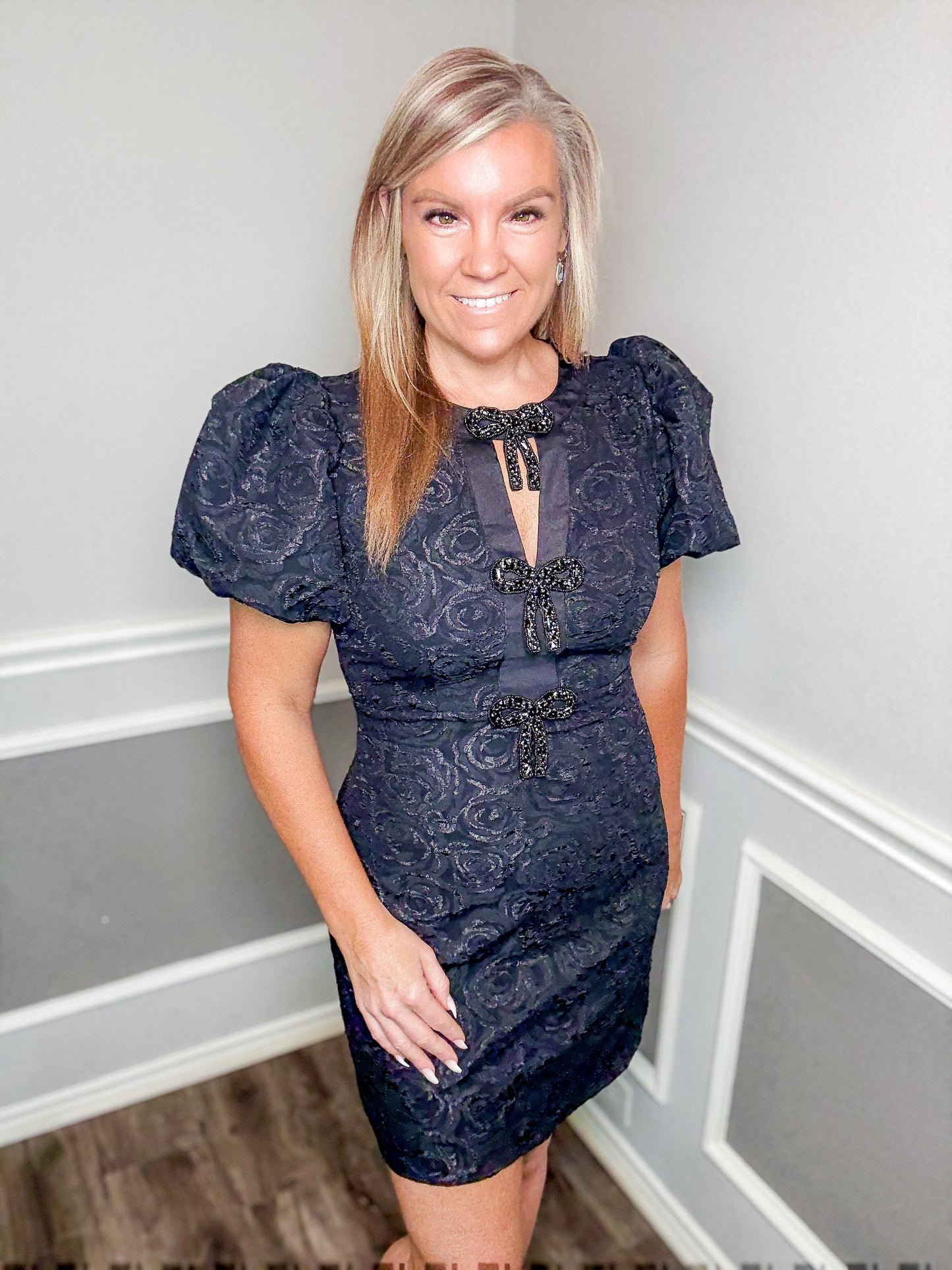 Rose Jacquard Puff Sleeve Bow Detail Mini Dress