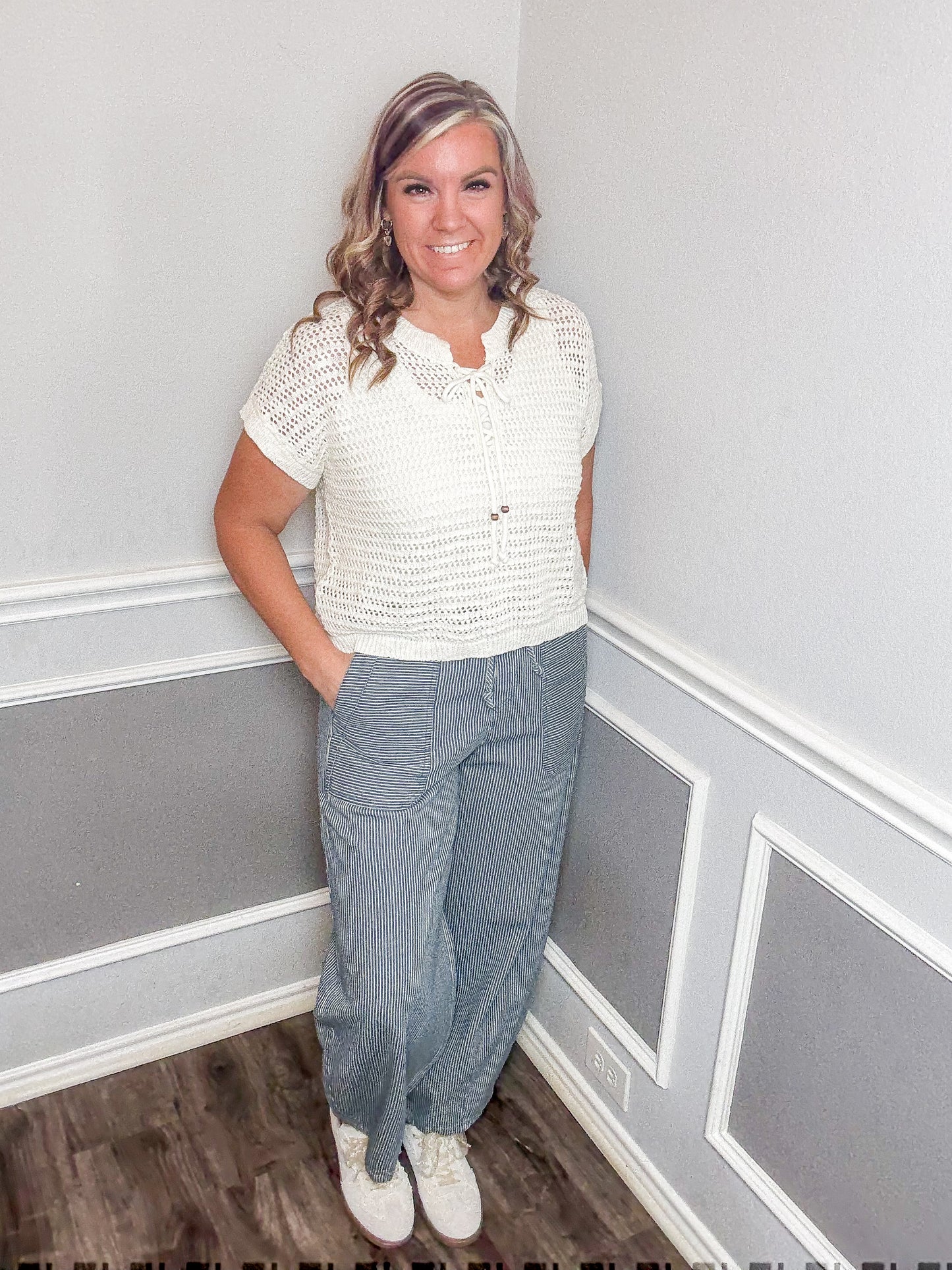 Crochet Lace-Up Knit Pullover Sweater