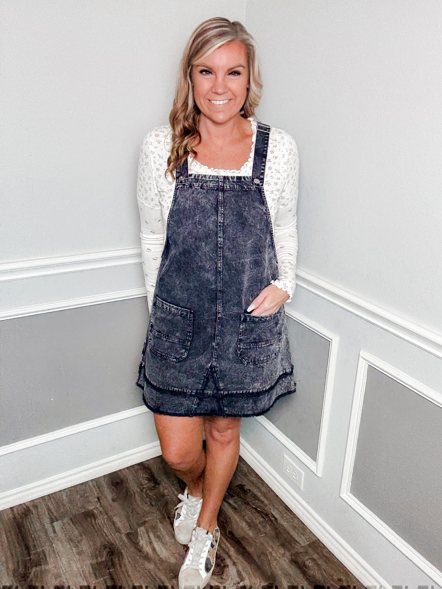 Washed Denim Overall Mini Dress