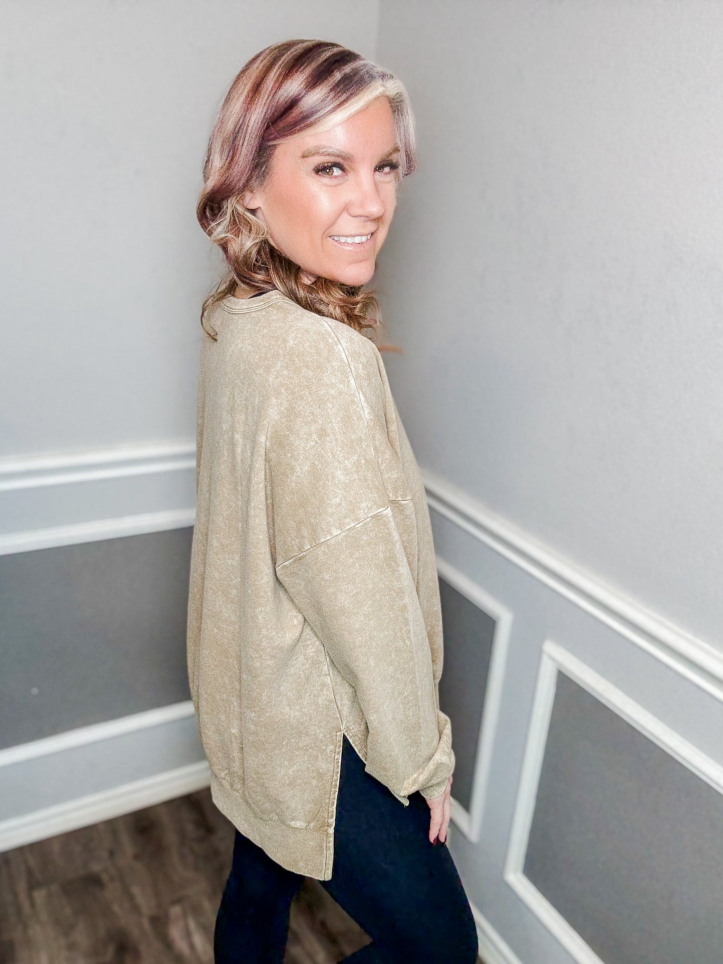 Acid Wash Split Hem Knit Top