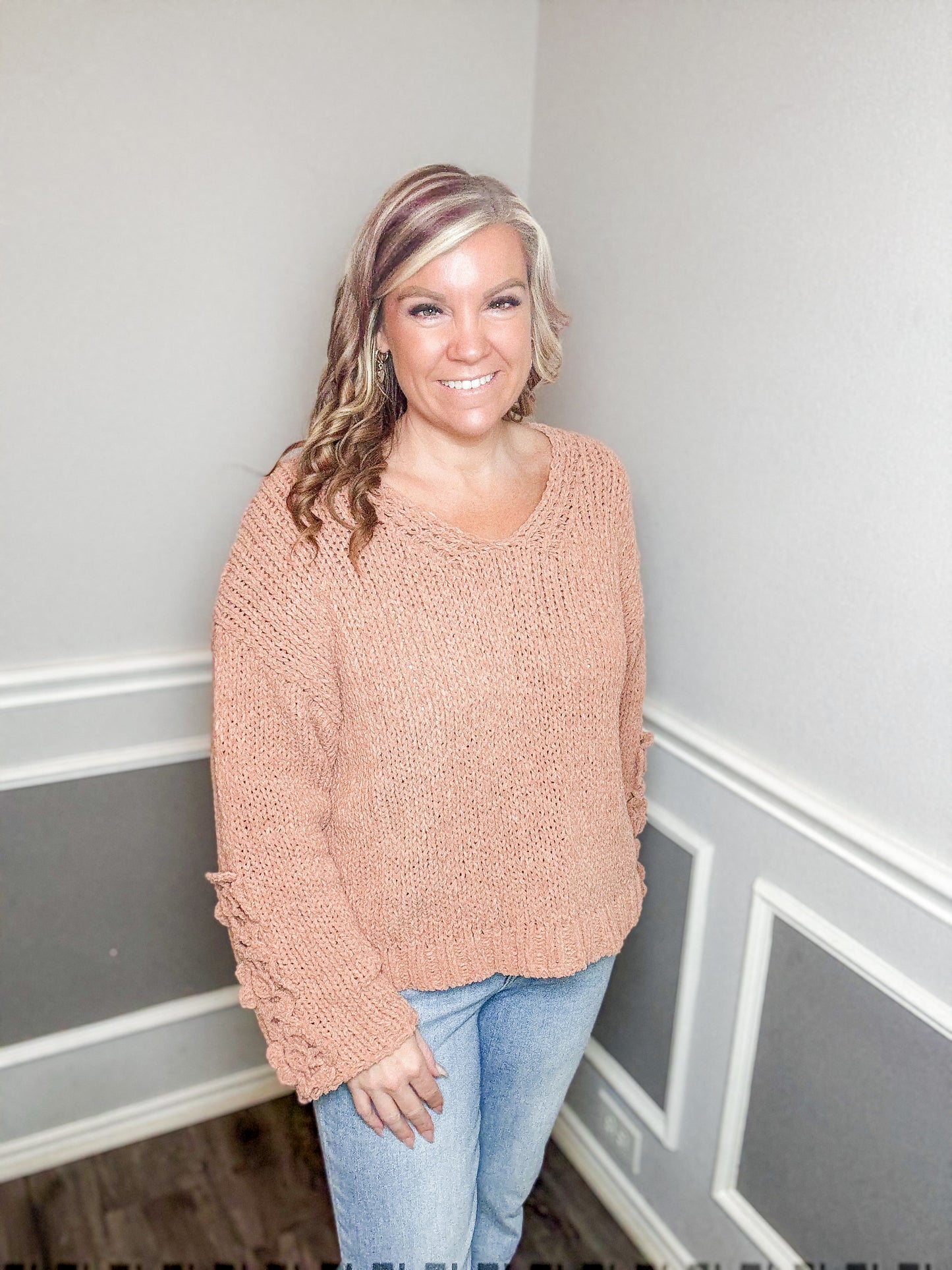 Chunky Knit Sweater Top With Flower Detail Sleeves