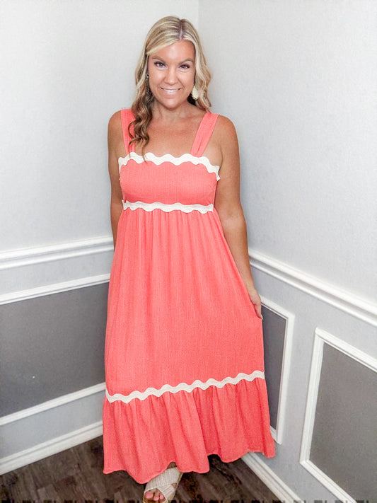 Wavy Trim Empire Waist Midi Dress