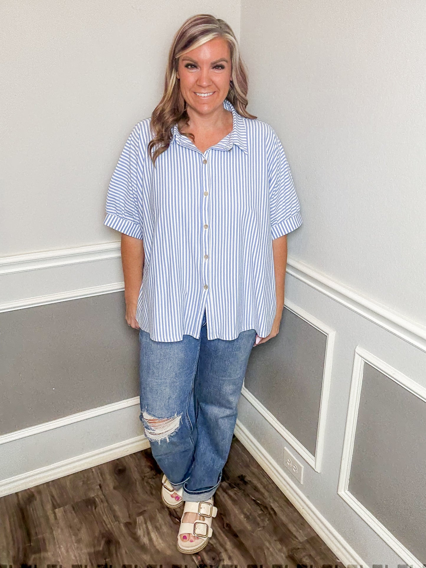 Oversized Striped Short Sleeve Button Up Shirt |BLUE|