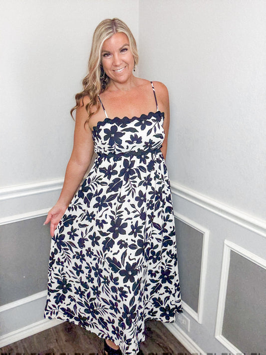 Floral Wavy Trim Midi Dress