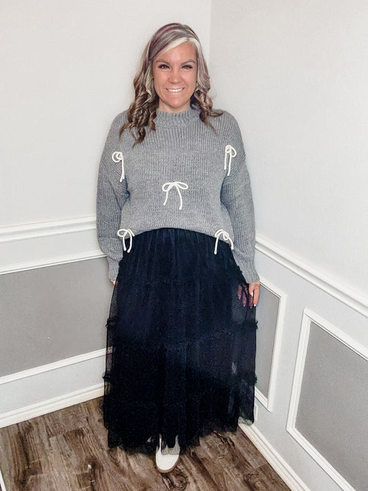 Tulle Tiered Midi Skirt |BLACK|