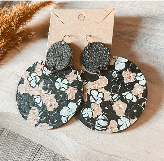 Black Floral Tiered Leather Statement Earrings