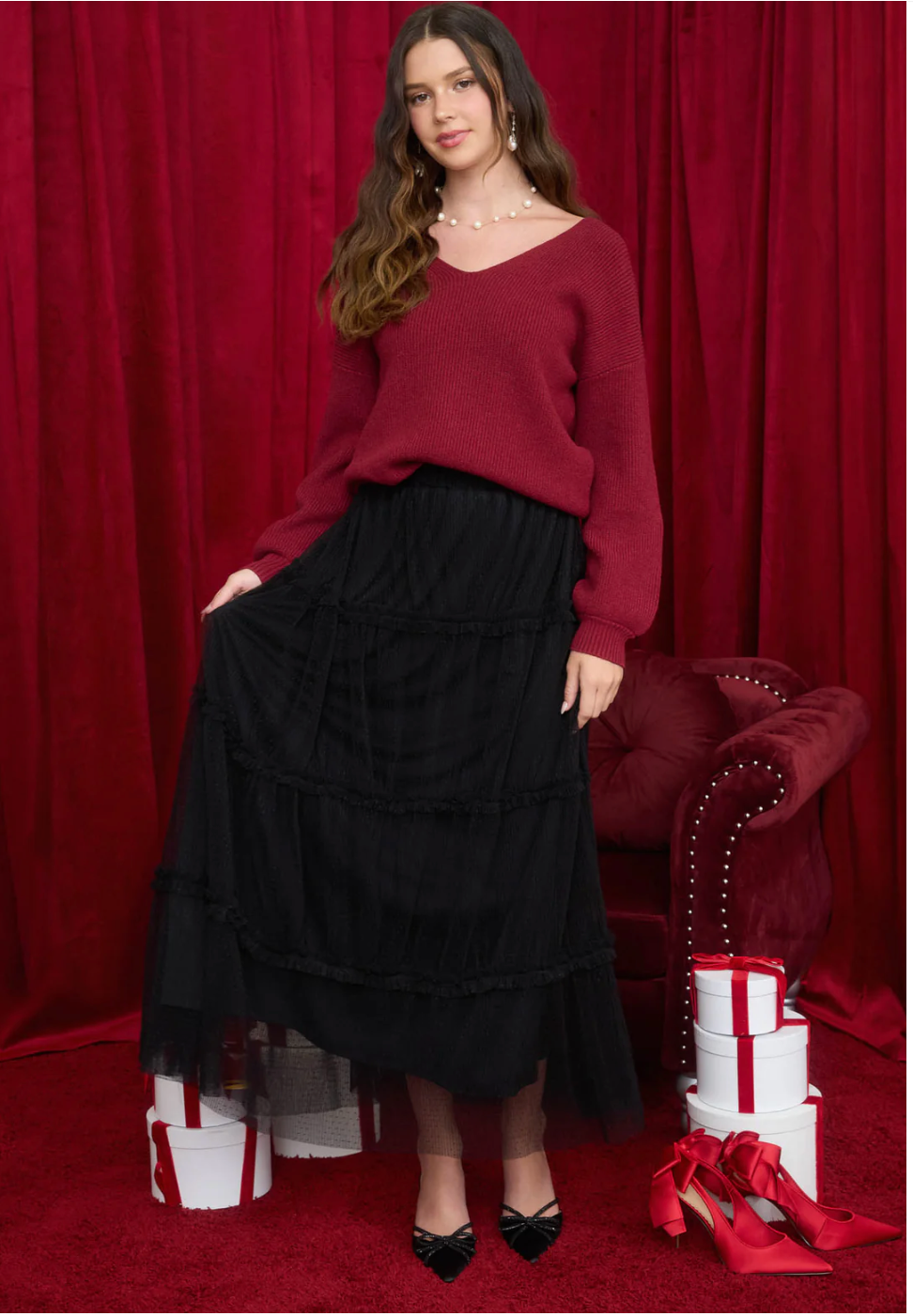 Tulle Tiered Midi Skirt |BLACK|