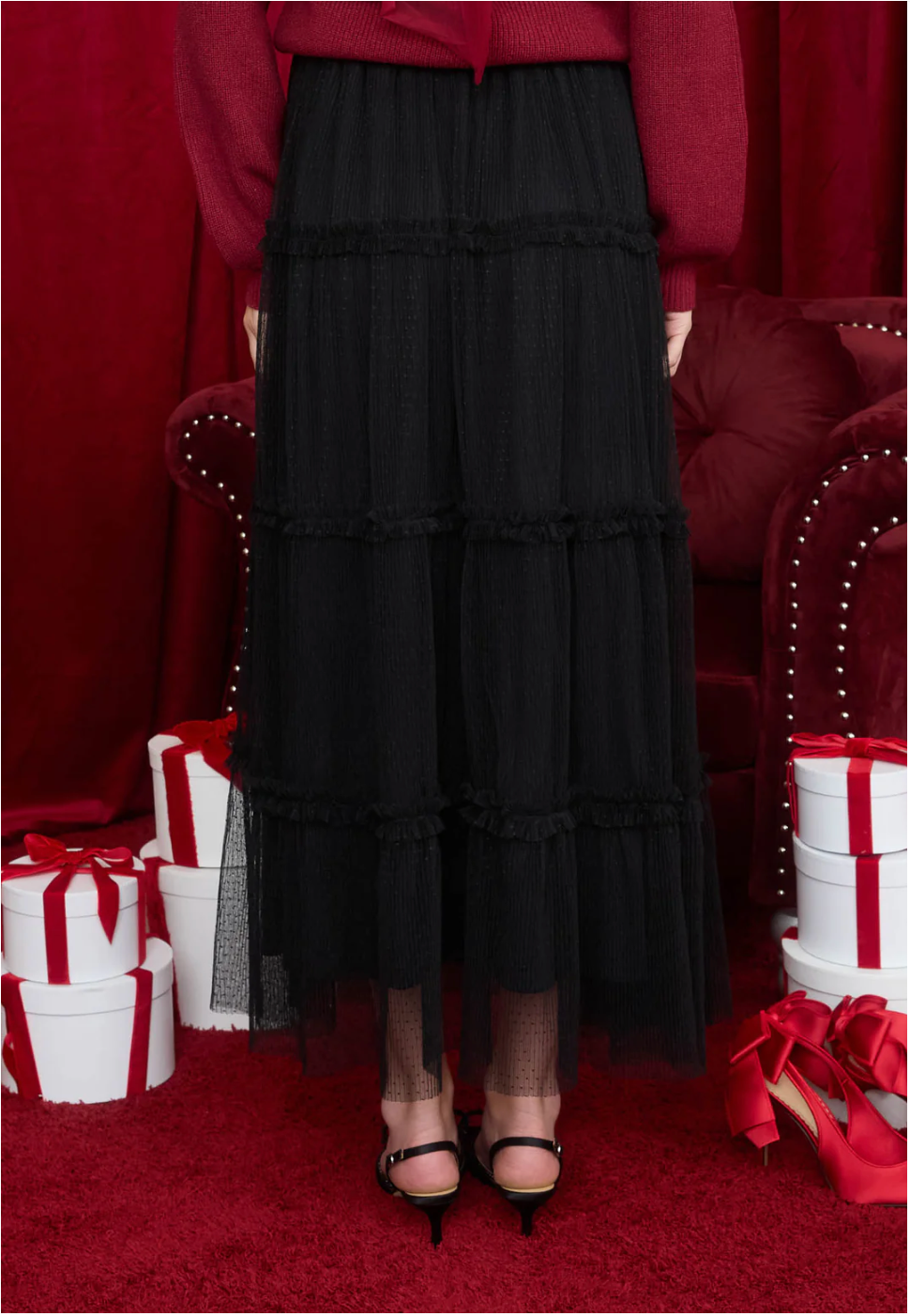 Tulle Tiered Midi Skirt |BLACK|