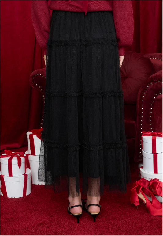 Tulle Tiered Midi Skirt |BLACK|