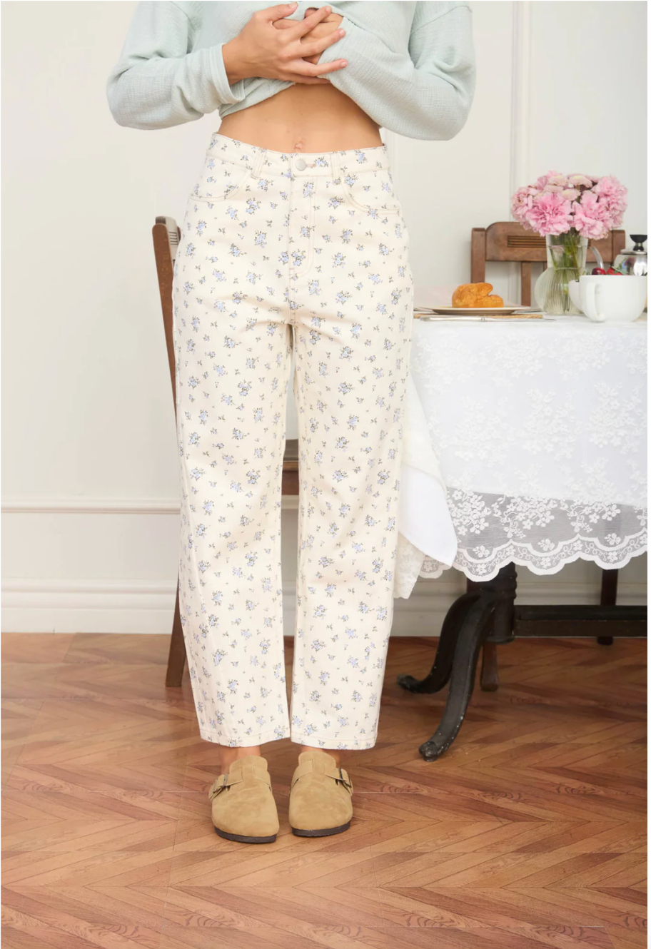 Floral Ecru Denim Straight Leg Jeans