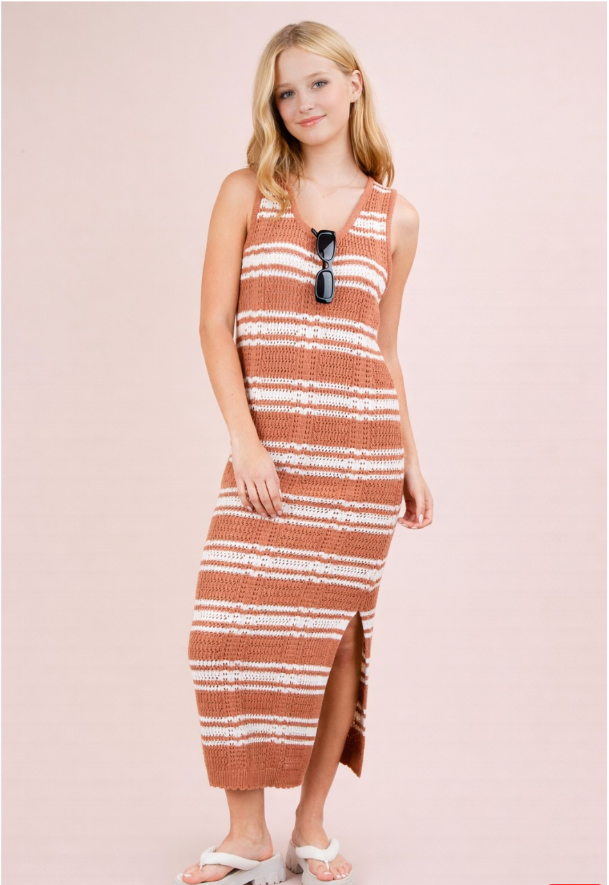 Stripe Knit Casual Sweater Midi Dress