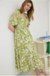 Floral Leaf Print Pleated Puff Sleeve Midi Dress
