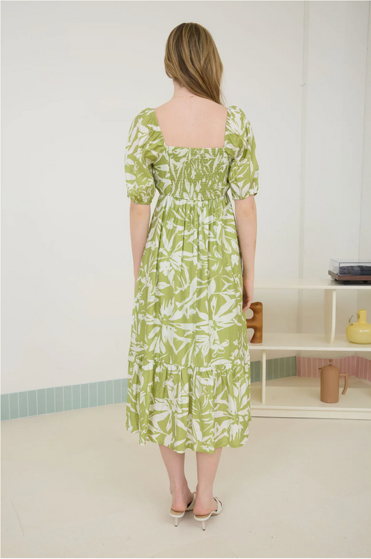 Floral Leaf Print Pleated Puff Sleeve Midi Dress
