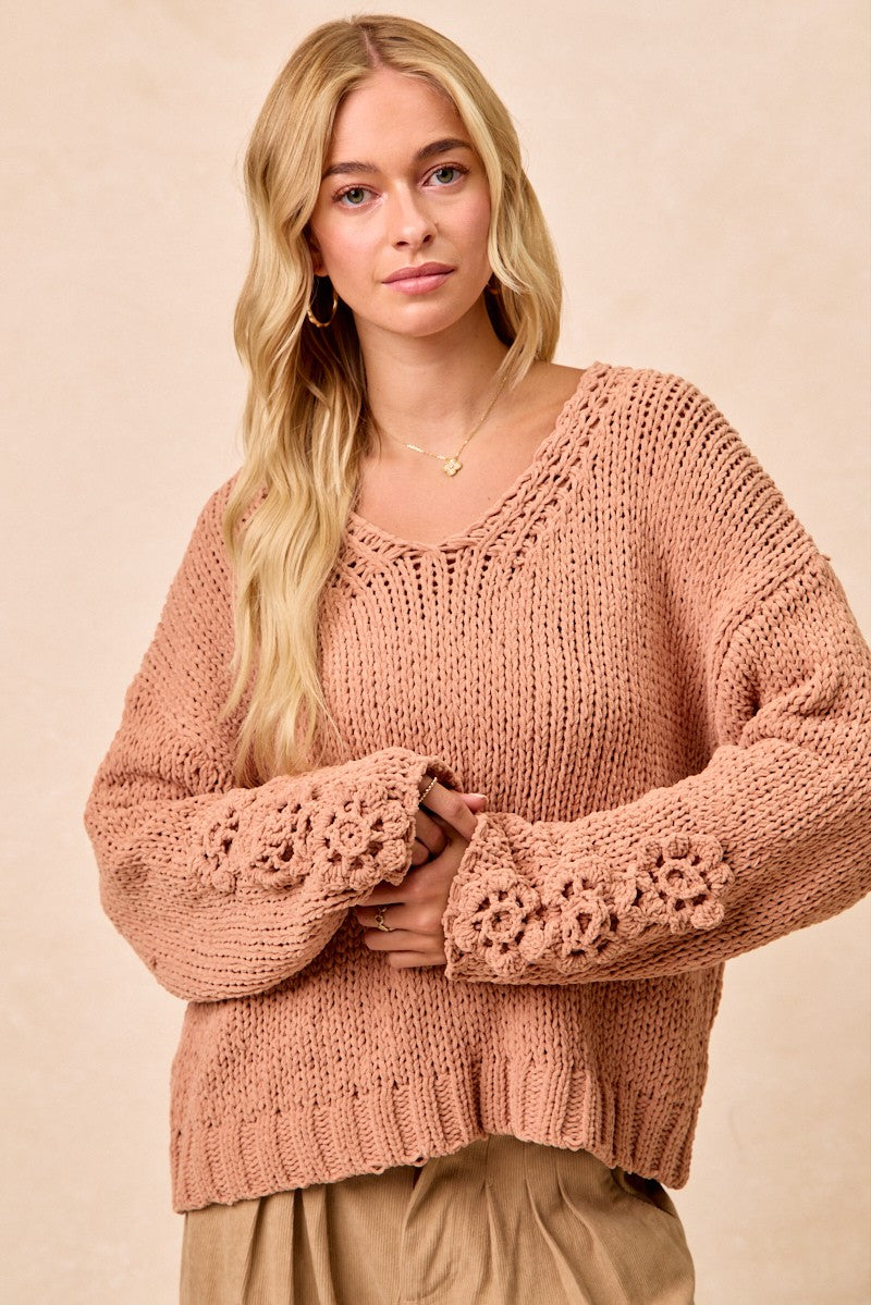 Chunky Knit Sweater Top With Flower Detail Sleeves