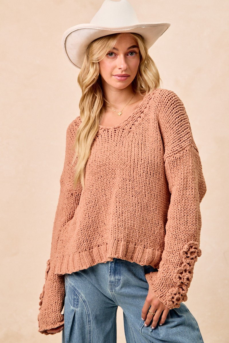 Chunky Knit Sweater Top With Flower Detail Sleeves