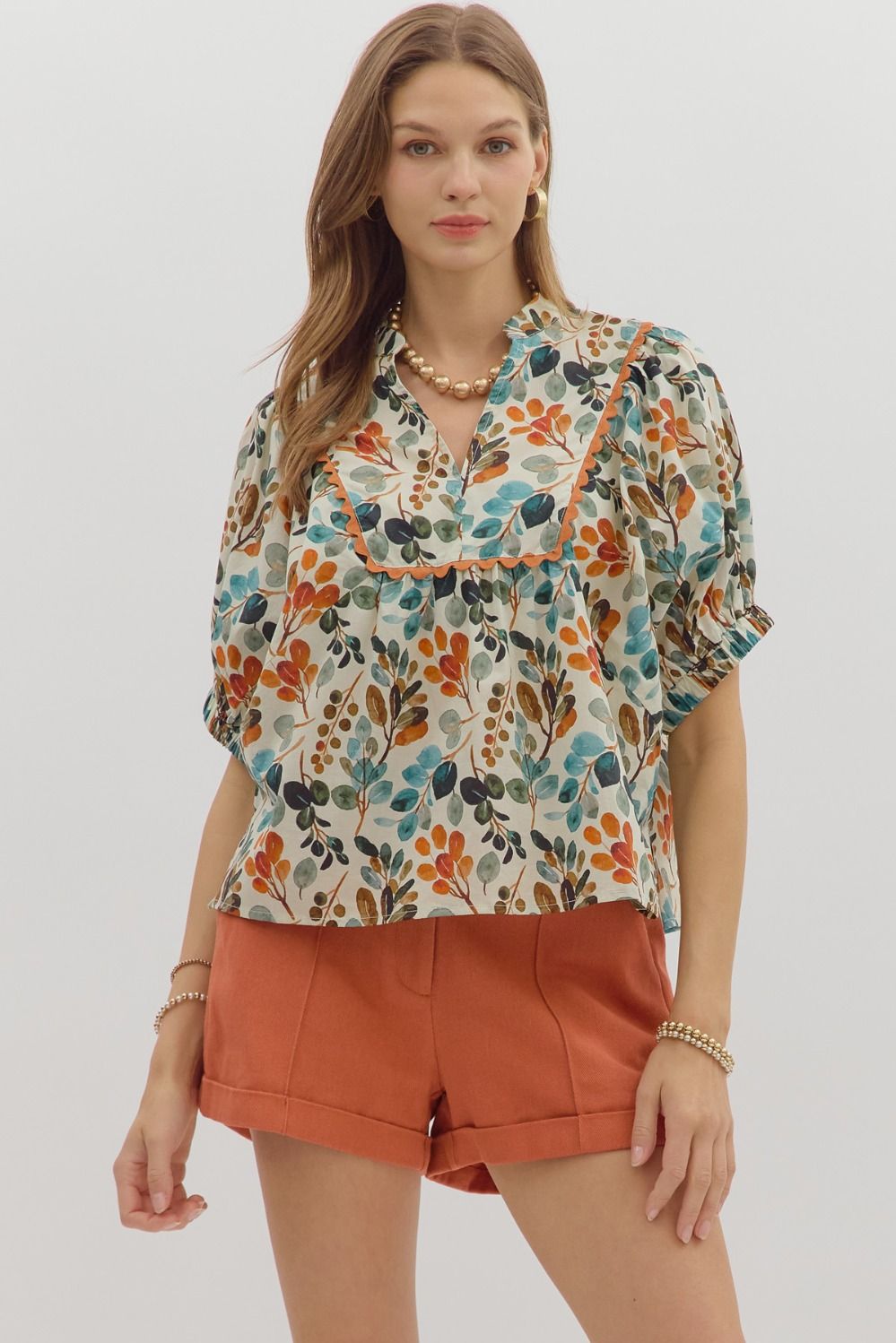 Botanical Print Scallop Trim Top